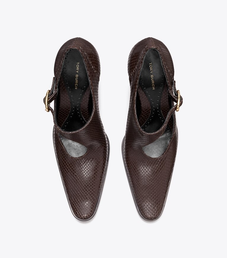 Tory Burch diseñador tacones Zapato Monk Strap con taco, tiras y hebillas en CHOCOLATE vista superior