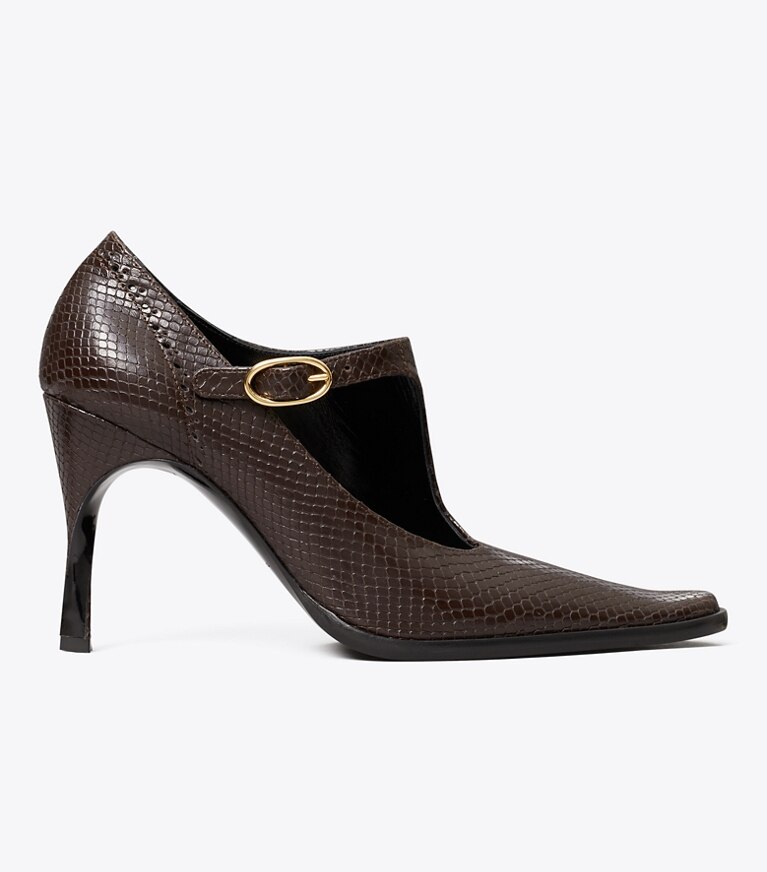 Tory Burch diseñador tacones Zapato Monk Strap con taco, tiras y hebillas en CHOCOLATE lateral
