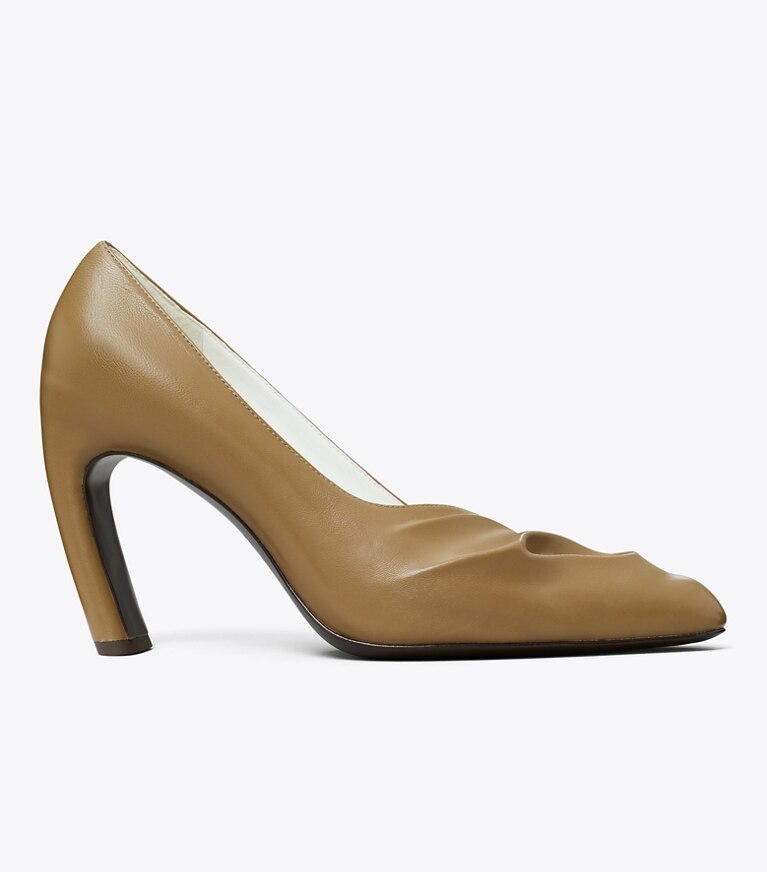 Tory Burch diseñador tacones Zapato Peep-Toe esculpido con taco en SOFT ACORN lateral