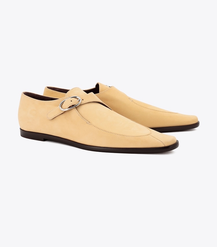 Tory Burch diseñador zapatos planos Zapato Twisted Monk Strap en Dune ángulo