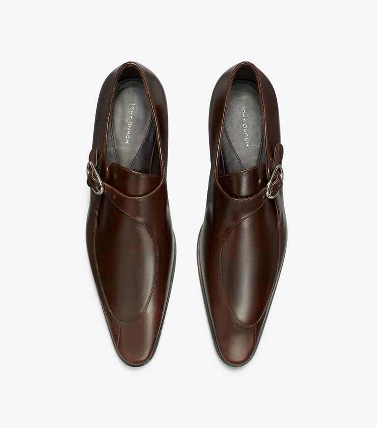 Tory Burch diseñador zapatos planos Zapato Twisted Monk Strap en BARK BROWN vista superior