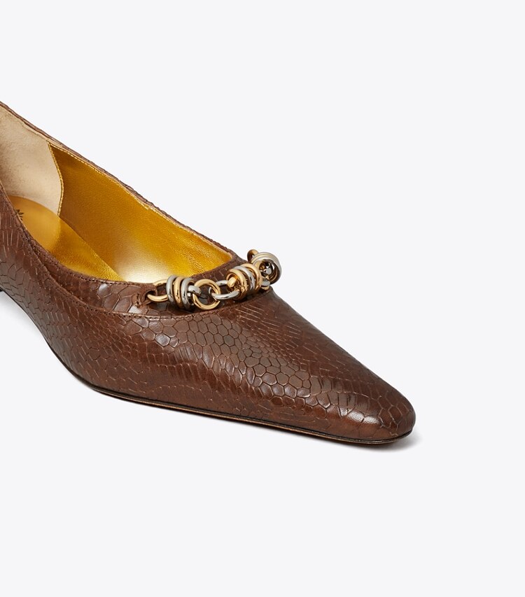 Tory Burch diseñador tacones Zapatos de tacón con cadena de pasarela en KHAKI detalle
