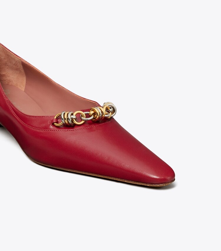 Tory Burch diseñador tacones Zapatos de tacón con cadena Runway en DARK RUBY detalle