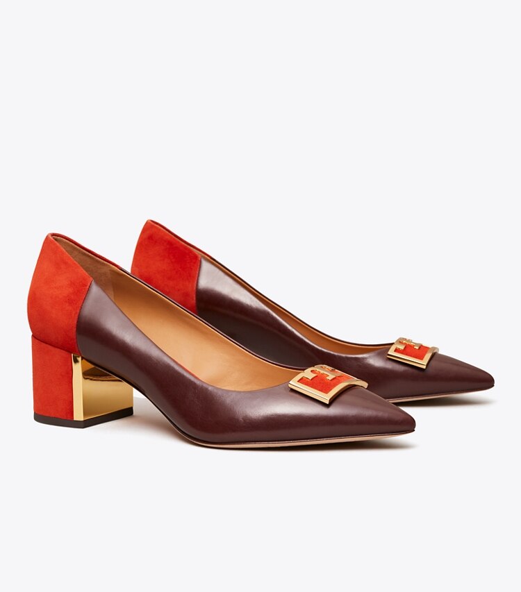Tory Burch diseñador tacones Zapatos de tacón Gigi en punta en Black Cherry/Bright Lava ángulo
