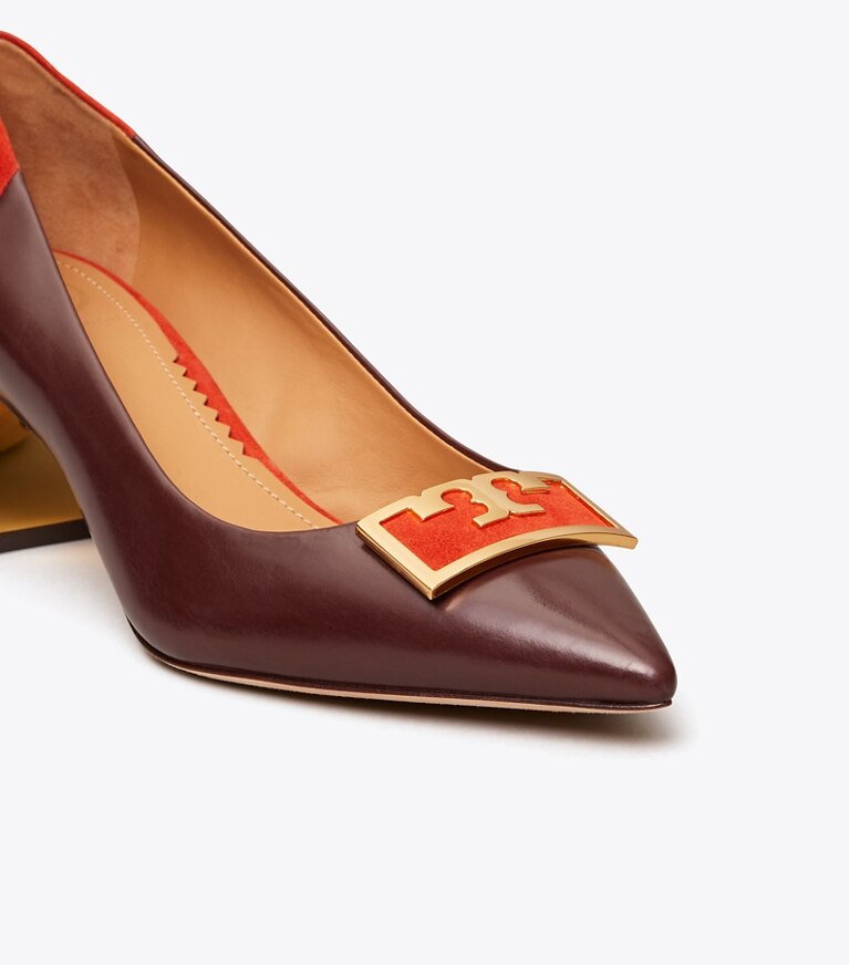 Tory Burch diseñador tacones Zapatos de tacón Gigi en punta en Black Cherry/Bright Lava detalle