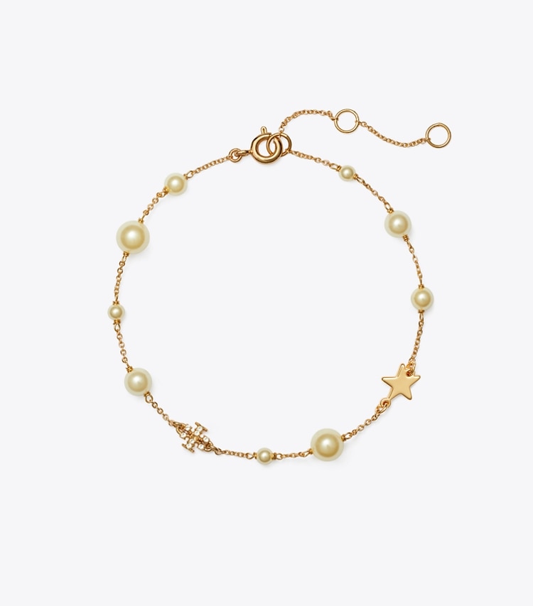 Tory Burch designer armbänder Zartes Moondance Armband mit Perlen und Sternen in Tory Gold / Crystal / Pearl front