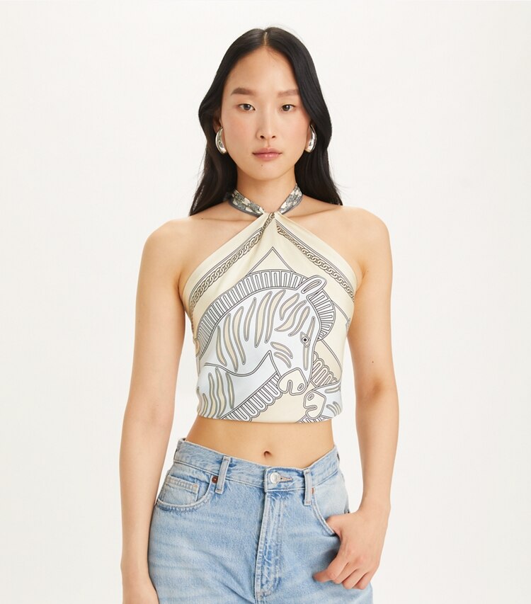 Tory Burch designer scarves Zebra Neckerchief in Light Blue Zebra Scarf accessory on model