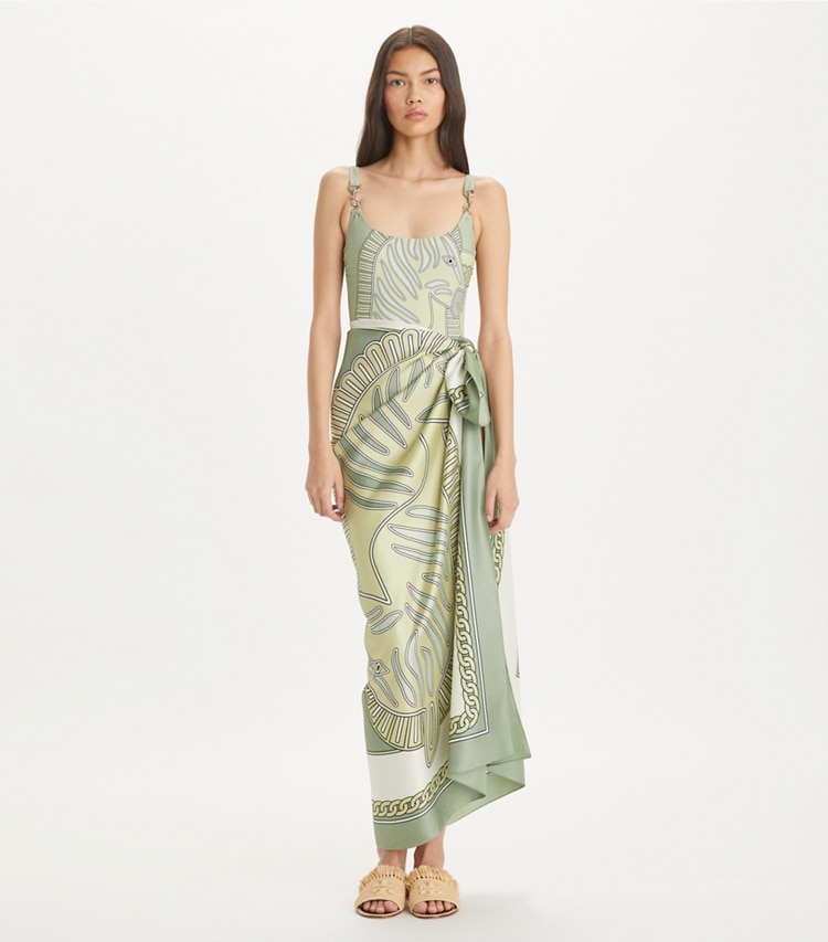 Tory Burch designer scarves Zebra Oversized Silk Square in Zebra Oversized Square - Khaki accessory on model