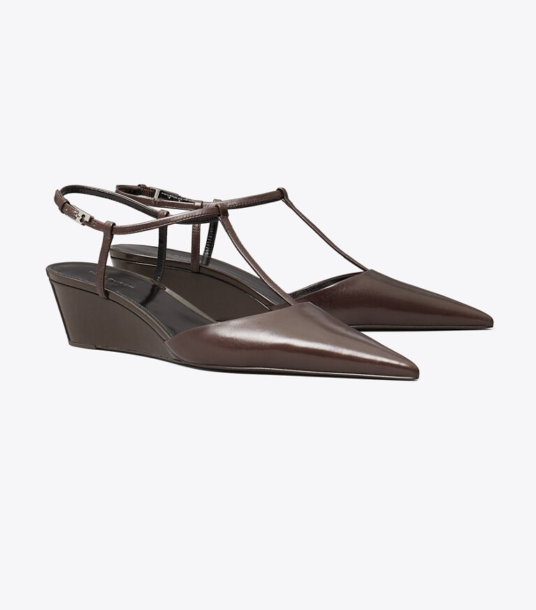 Tory Burch designer scarpe con tacco Zeppa con cinturino a T Gigi in Cocoa angle