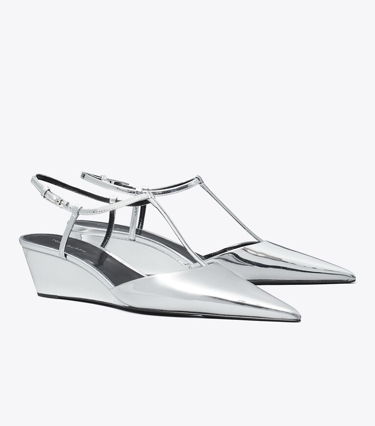 Tory Burch designer scarpe con tacco Zeppa con cinturino a T Gigi in PLATINUM angle
