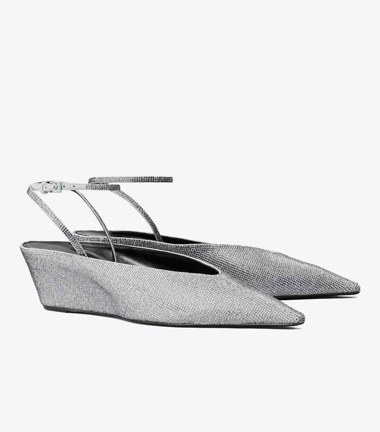 Tory Burch designer scarpe con tacco Zeppa con pavé in LAPIS / LIGHT BLACK DIAMOND angle