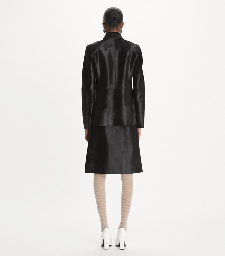 Tory Burch designer bottoms Zip-Front Calf Hair Skirt in Black on model back