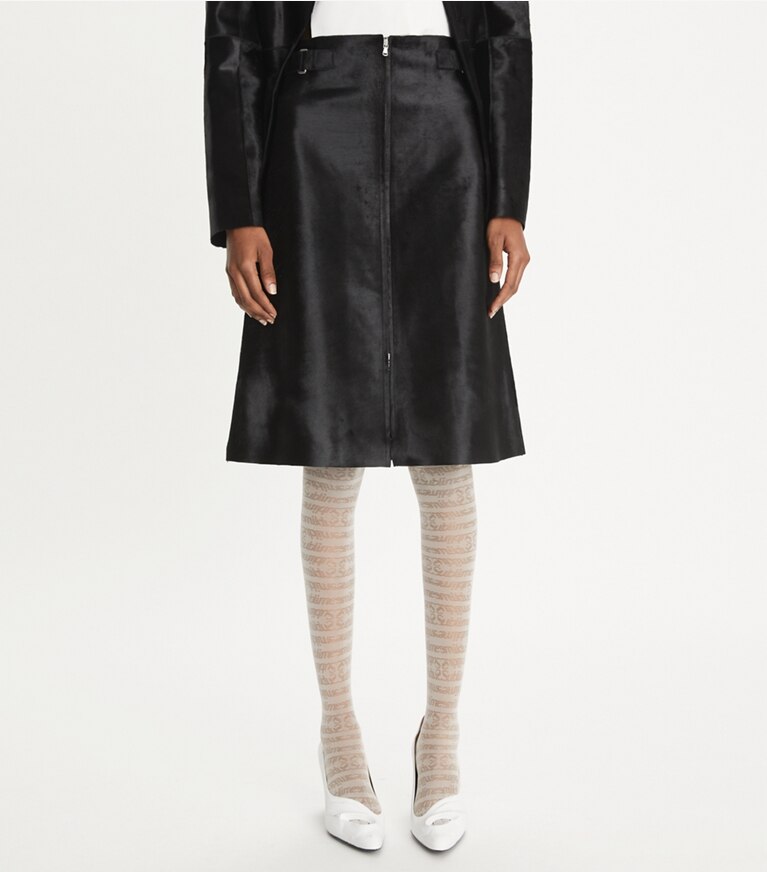 Tory Burch designer bottoms Zip-Front Calf Hair Skirt in Black front