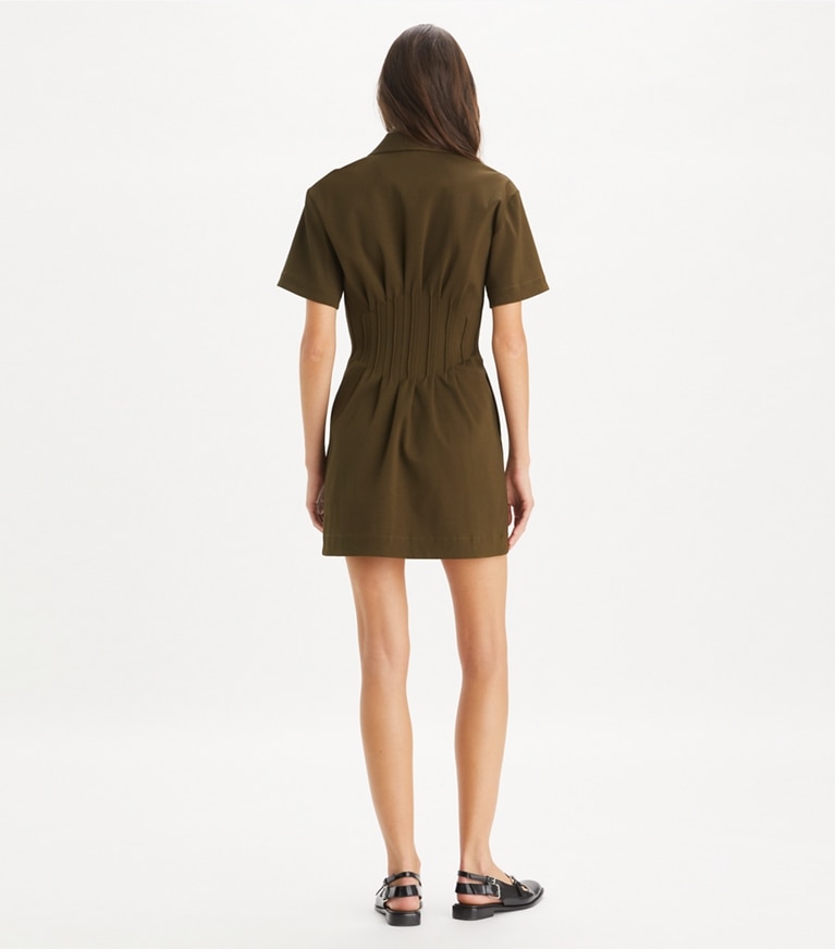 Tory Burch designer dresses Zip-Front Dress in Dark Oliva on model back