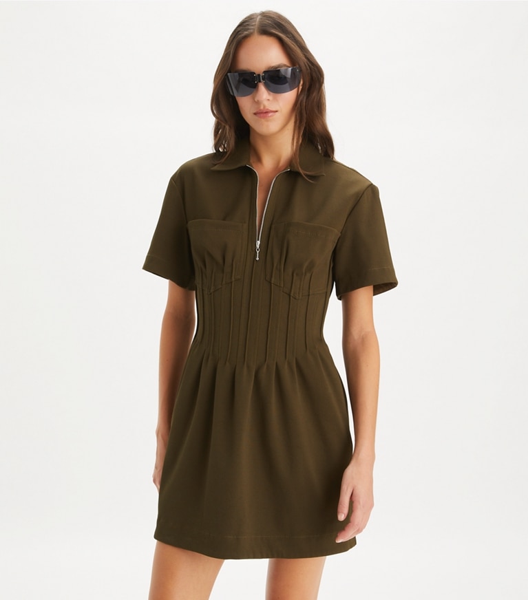 Tory Burch designer dresses Zip-Front Dress in Dark Oliva on model detail