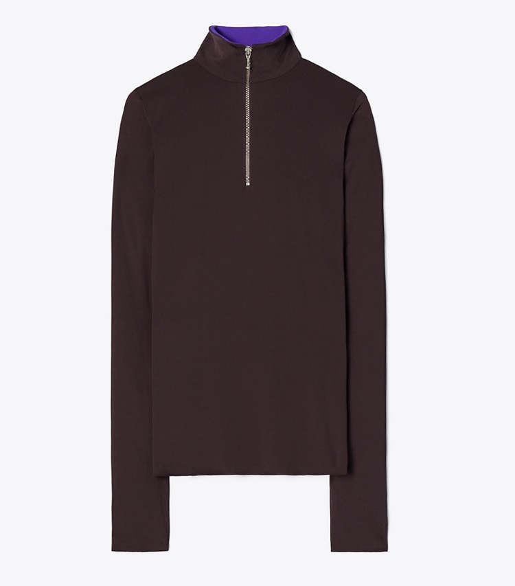 Tory Burch designer tops Zip Front Long-Sleeve Jersey Top in Dark Carob front