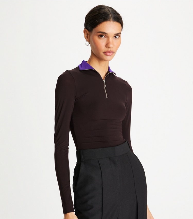 Tory Burch designer tops Zip Front Long-Sleeve Jersey Top in Dark Carob on model detail