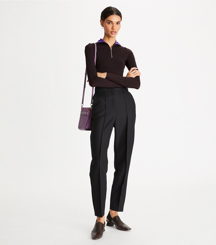 Tory Burch designer tops Zip Front Long-Sleeve Jersey Top in Dark Carob on model front