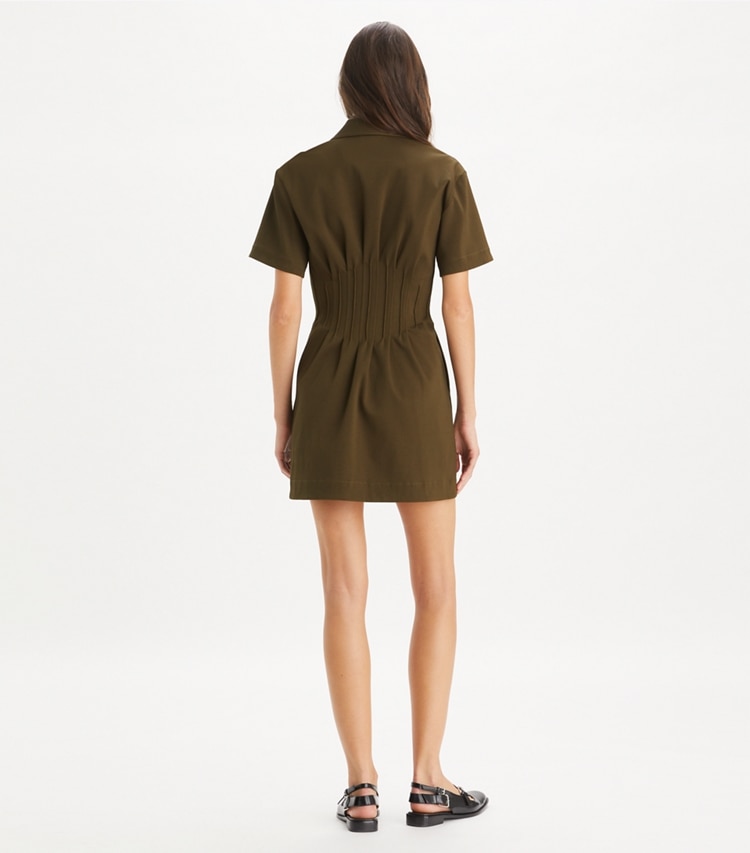 Tory Burch designer dresses Zip-Front Viscose Dress in Dark Oliva on model back