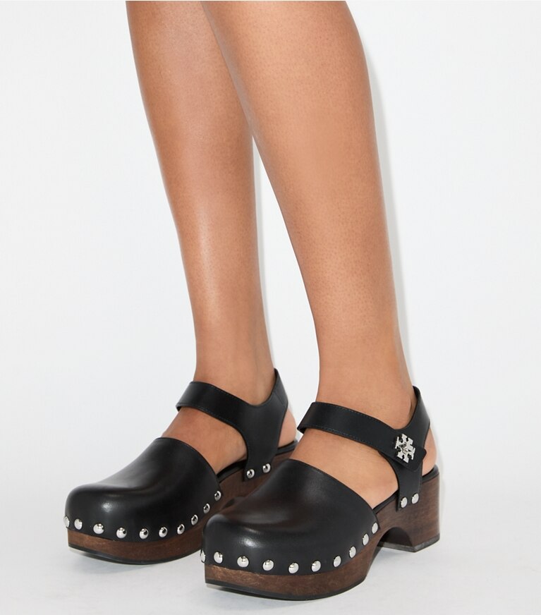 Tory Burch diseñador tacones Zueco con broche giratorio en PERFECT BLACK accesorio en modelo
