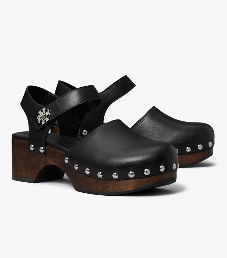 Tory Burch diseñador tacones Zueco con broche giratorio en PERFECT BLACK ángulo