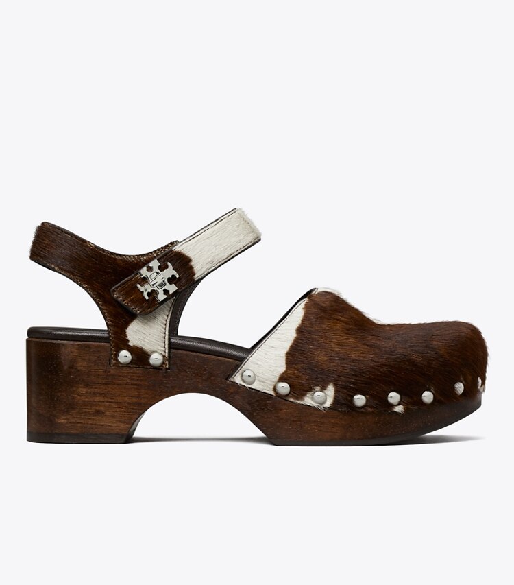 Tory Burch diseñador tacones Zueco con broche giratorio en Mocha Brown / SHEA BUTTER lateral