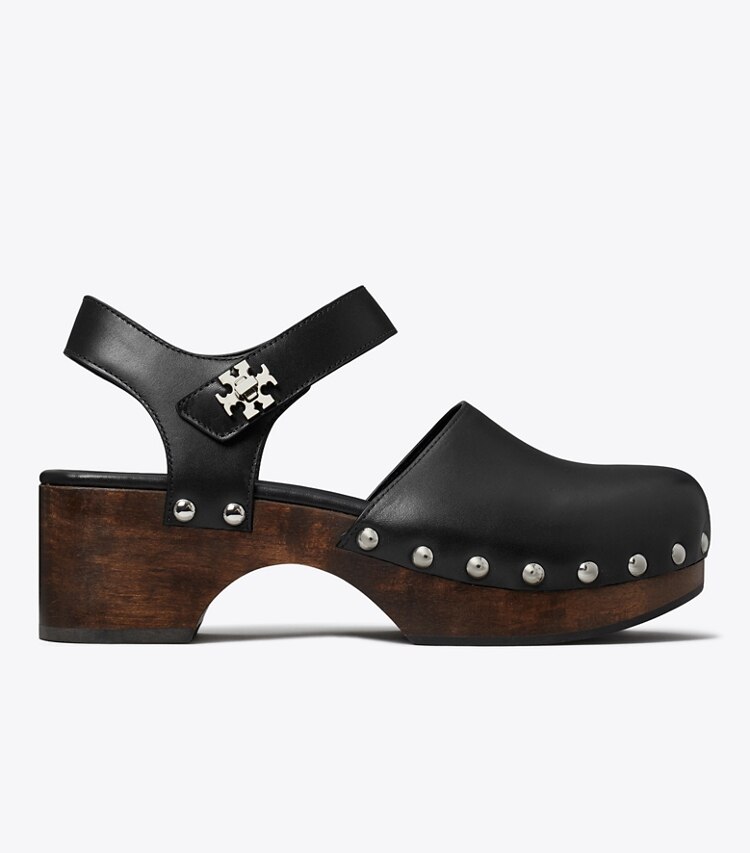 Tory Burch diseñador tacones Zueco con broche giratorio en PERFECT BLACK lateral