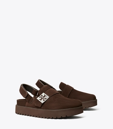 Tory Burch diseñador zapatos planos Zueco deportivo Mellow en DARK COCOA / SILVER ángulo