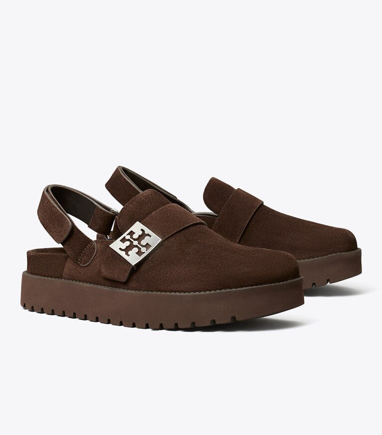 Tory Burch diseñador zapatos planos Zueco deportivo Mellow en DARK COCOA / SILVER ángulo