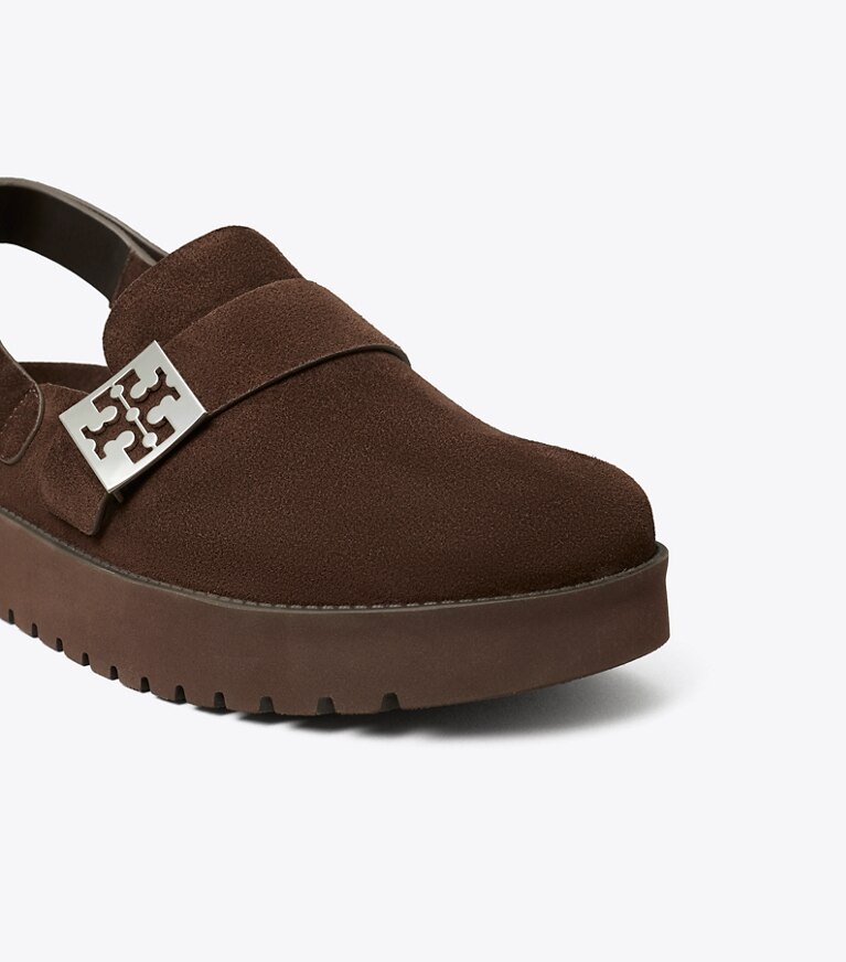 Tory Burch diseñador zapatos planos Zueco deportivo Mellow en DARK COCOA / SILVER detalle