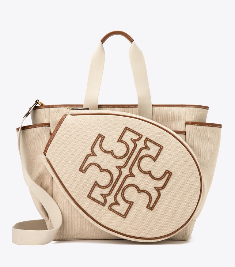 Tory Sport designer tote bags Zweifarbige Tennistasche aus Canvas in Natural Brown angle