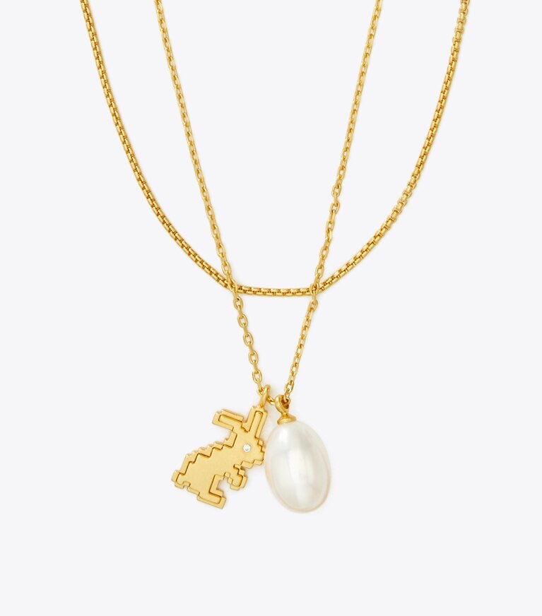 Tory Burch designer halsketten Zweireihige Rabbit Halskette in Rolled Gold/Pearl front