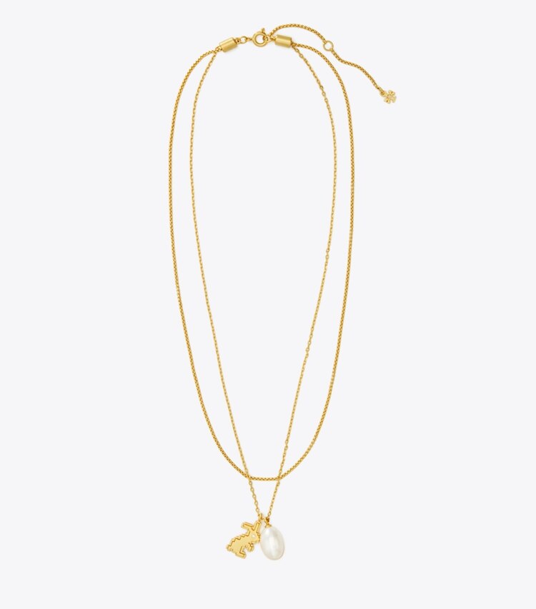 Tory Burch designer halsketten Zweireihige Rabbit Halskette in Rolled Gold/Pearl front