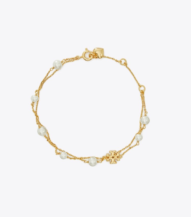 Tory Burch designer armbänder Zweireihiges Kira Armband mit Perlen in Rolled Gold/Pearl/Crystal front