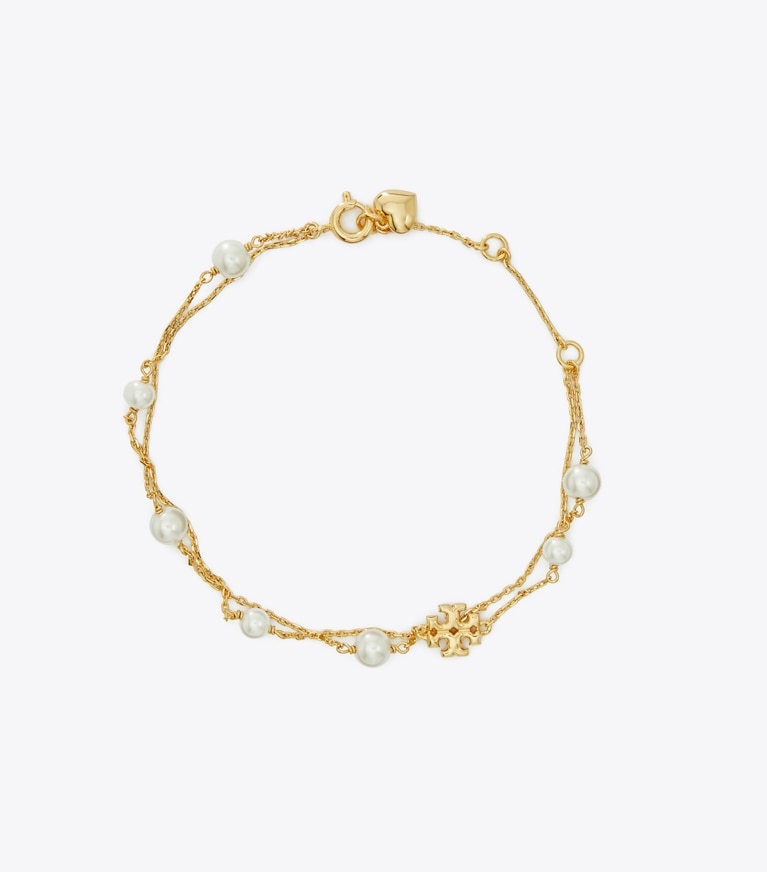 Tory Burch designer armbänder Zweireihiges Kira Armband mit Perlen in Rolled Gold/Pearl/Crystal front