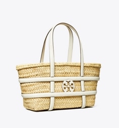 【Tory Burch】エラ ストロー バスケットバッグ ホワイト エラ クロコ エンボス ストロー スモール バスケットバッグ