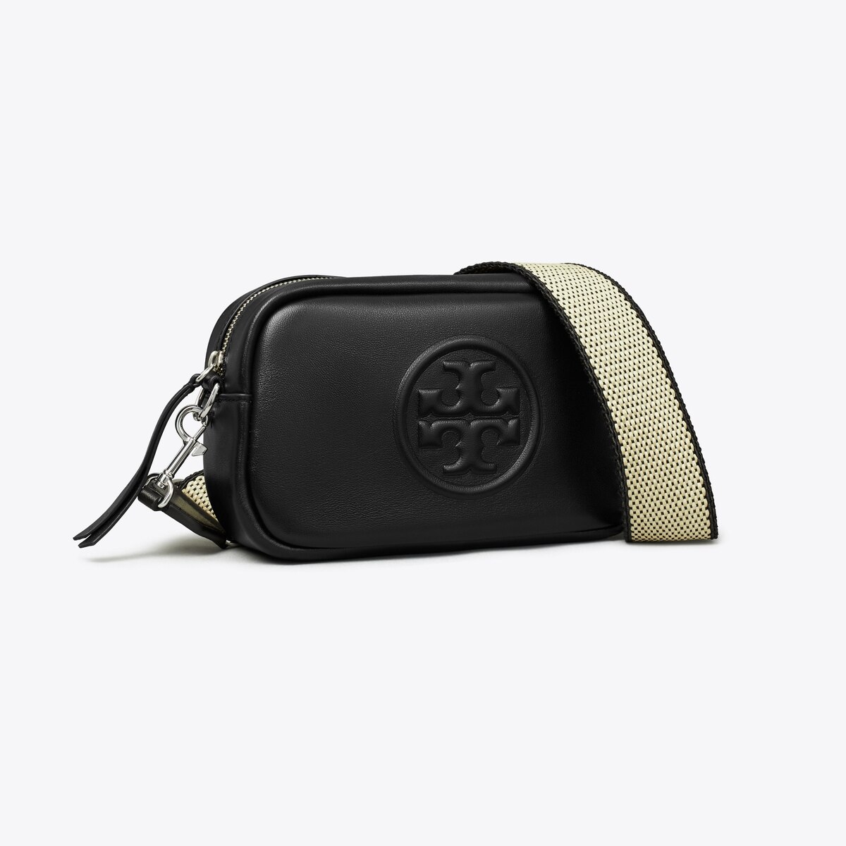 Tory Burch ブラック ボディバッグ Tモノグラム ペブルド プチバレルバッグ: レディース クロス