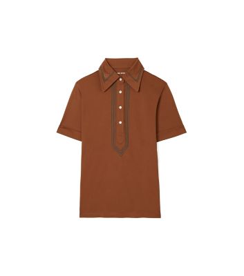 Tory Sport Tory Burch Retro Mercerized Cotton Polo In Anise Brown