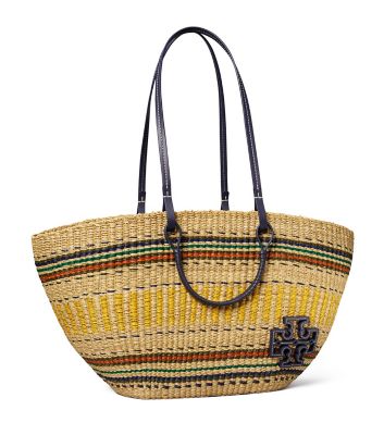 Tory Burch Ella Striped Straw Basket Tote In Natural / Multi | ModeSens