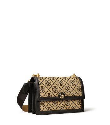 Tory Burch Small T Monogram Raffia Shoulder Bag In Black | ModeSens