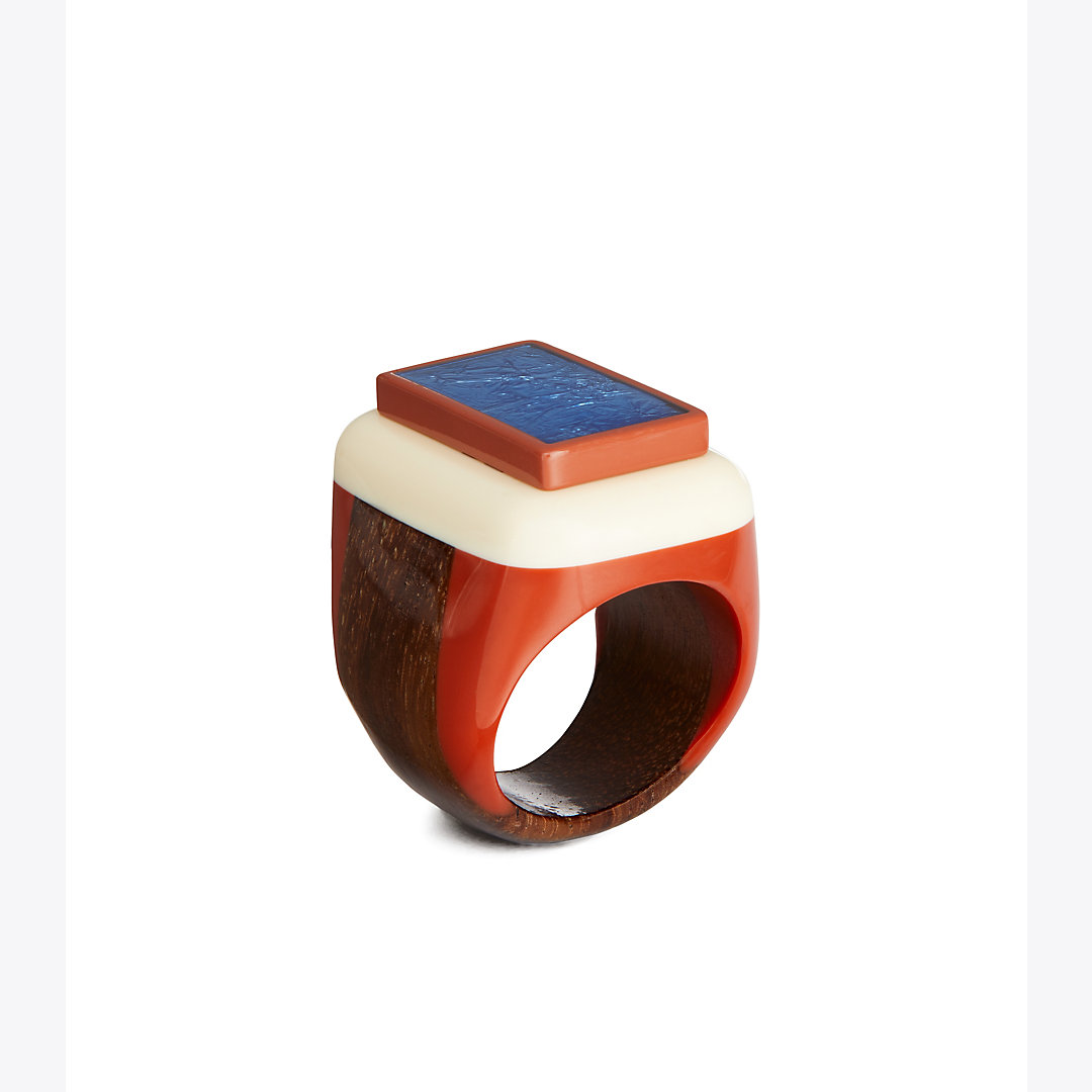 Tory Burch Geo Ring In Rolled Gold / Blue Multi