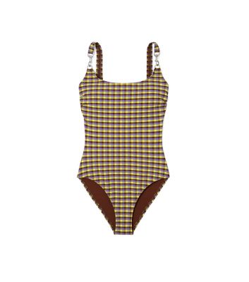 Tory Burch Woven Clip Tank Suit In Purple Veronica Plaid | ModeSens