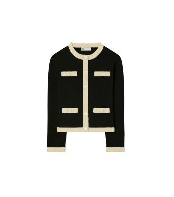 Black / French Cream Tory Burch ケンドラ チャンキーウール トリムカーディガン 