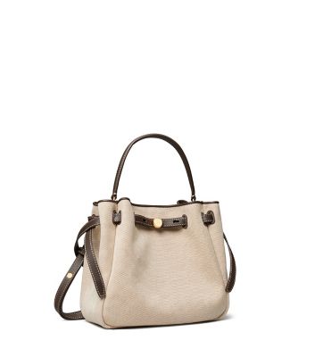 Dusty Almond/ Bianco White Tory Burch ロミー キャンバス バケットバッグ 
