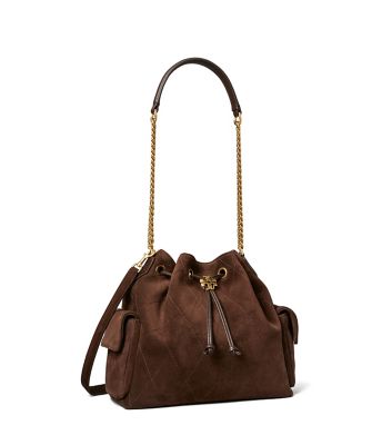 Dark Cocoa Tory Burch チャーリー キルト スエード ドローストリング ショルダーバッグ  