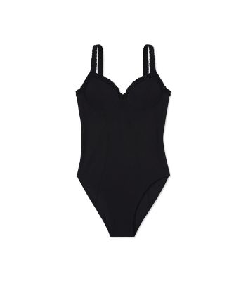 TORY BURCH Solid Ruffle One-Piece Swimsuit, Black | ModeSens