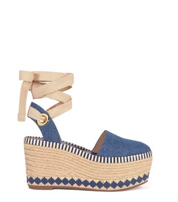 4 Stores: TORY BURCH Dandy Denim Ankle-Wrap Wedge Platform Espadrilles ...