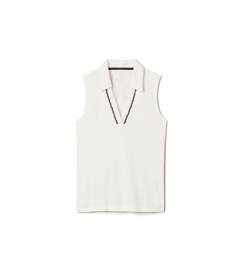 Tory Sport Performance Pique Ruffle Sleeveless Polo In Snow White/tory Navy