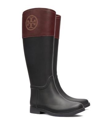 tory burch black and brown rain boots