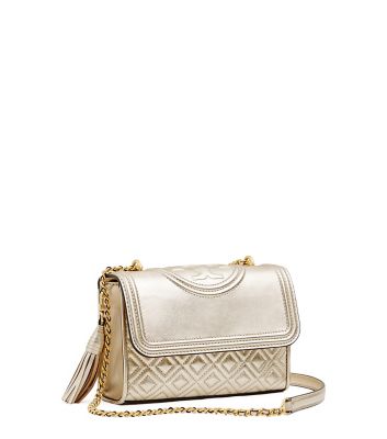 Tory Burch White Gold Metallic Leather Fleming Small Convertible